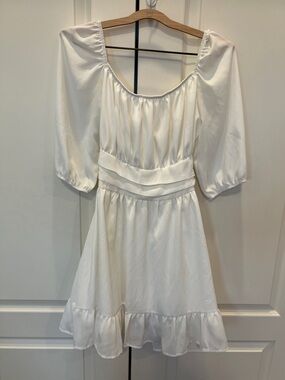 White Puff-Sleeve Ruffled Waist Dress